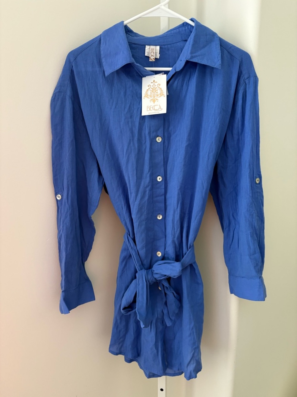 NWT BECCA by Rebecca Virtue Blue Button Up Swim Cover Up Dress Tie Waist Small